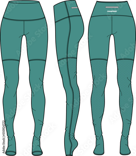 Women Open toe tights leggings Pants design flat sketch vector illustration, Compression pants concept with front and back view, Tights for yoga, dance, running, fitness and active wear pants design