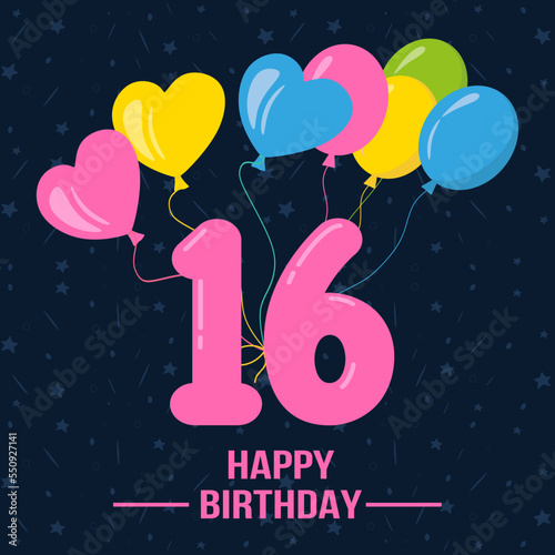 Happy 16th birthday, Happy birthday wishes cards, Birthday wishes.  vector illustration eps10 photo