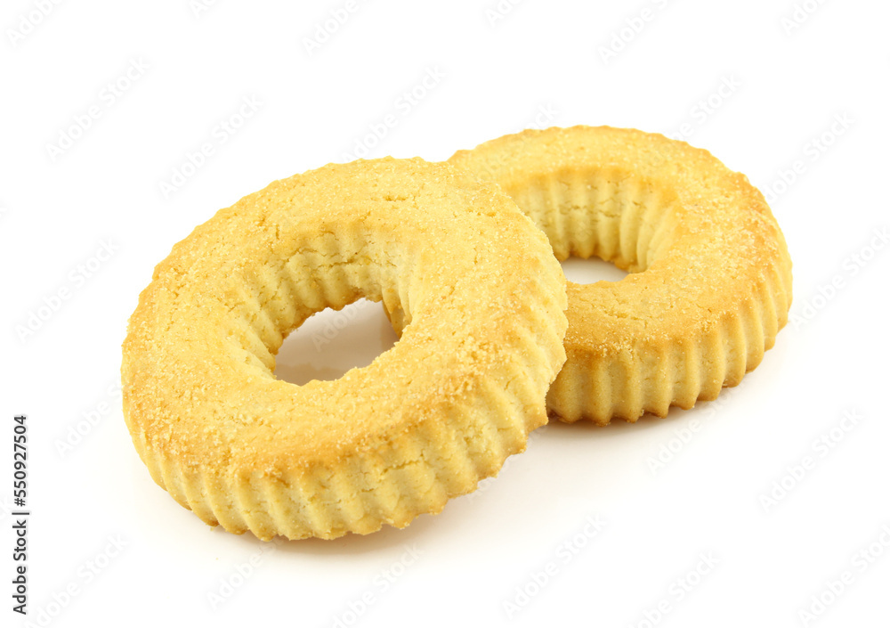 Two ring shaped tea cookies isolated on white background