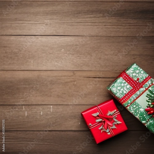 Vintage Christmas theme background with handcrafted gift boxes and snowfall, top view on wood table.png © artystyk