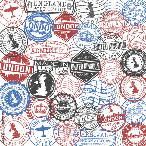 London, UK Set of Stamps. Travel Stamp. Made In Product. Design Seals Old Style Insignia.