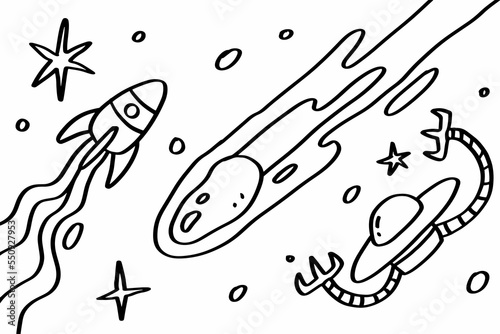 Rocket and meteor coloring page illustration design