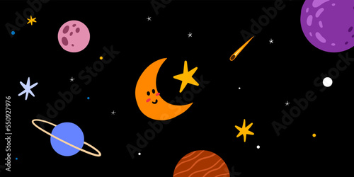 Cute moon, planet and star composition for space background design