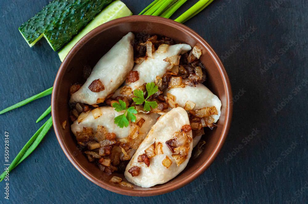 national Ukrainian dish, traditional varenyki with potatoes, cabbage
