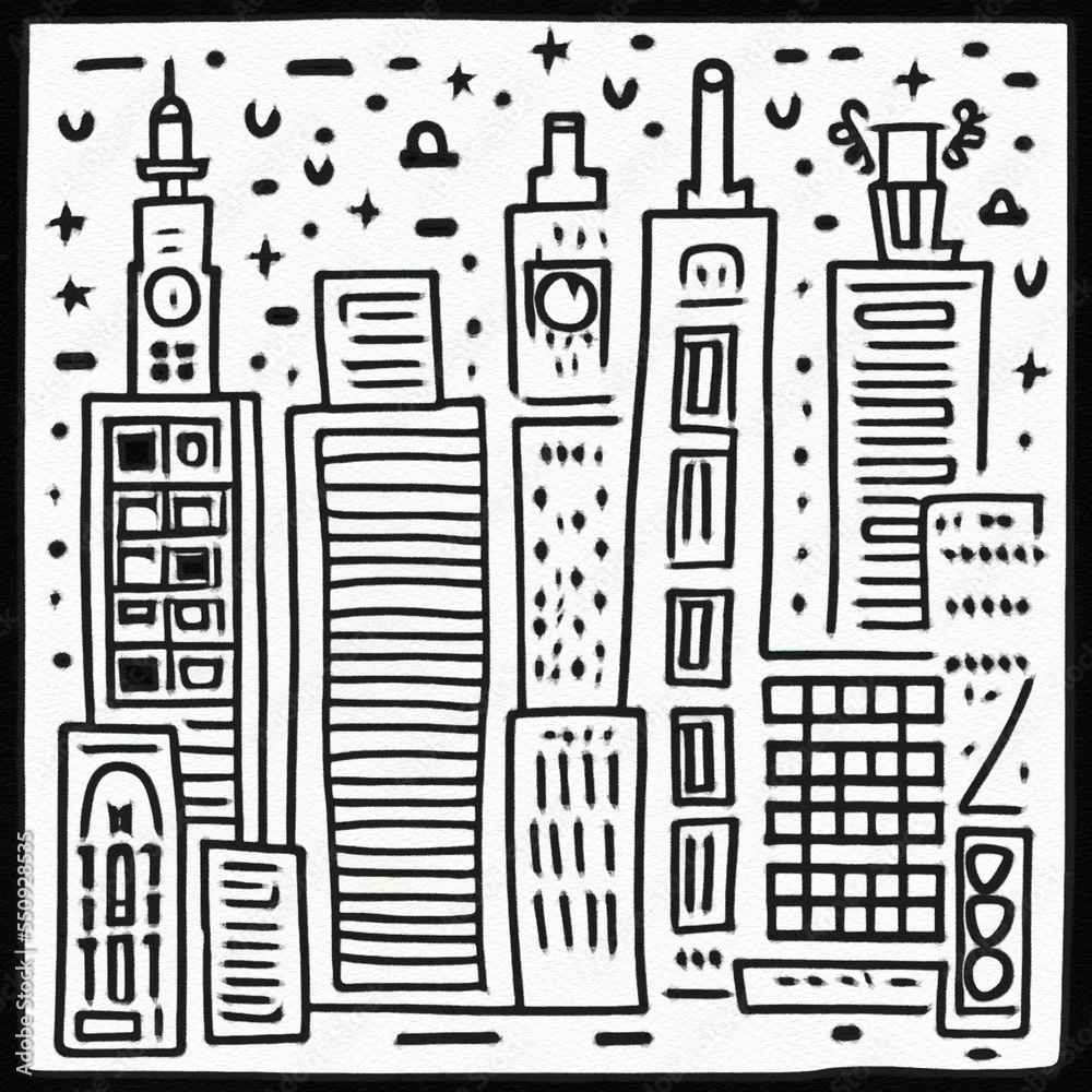 Night city illustration. Digital painting art of cartoon city at night. Trendy print or design background