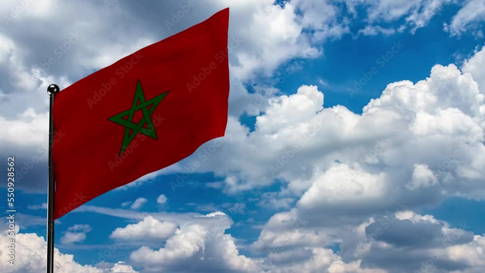 Seamless looping Morocco Flag waving with blue sky and white clouds Seamless looping Morocco Flag waving with blue sky and white clouds