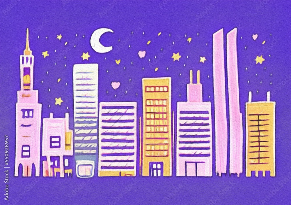Obraz premium Night city illustration. Digital painting art of cartoon city at night. Trendy print or design background