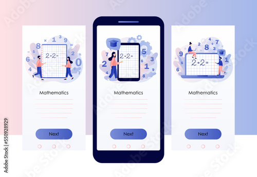 Mathematic class. Tiny people learning math. Arithmetic symbols. Education and knowledge concept. Screen template for mobile, smartphone app. Modern flat cartoon style. Vector illustration
