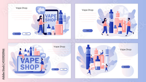 Vape Shop. Electronic cigarette products. Alternative smoking device. Dangerous addiction. Screen template for landing page, template, ui, web, mobile app, poster, banner, flyer. Vector illustration