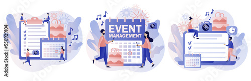 Event management. Manager planning event, conference or party. Professional organizer. Wedding planner. Schedule. Modern flat cartoon style. Vector illustration on white background