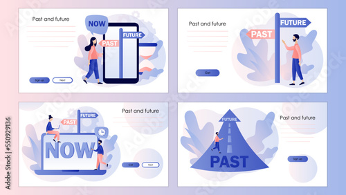 Past and future concept. Tiny people choice between past and future. Business alternative. Move forward. Screen template for landing page, template, ui, web, mobile app, poster, banner, flyer. Vector 