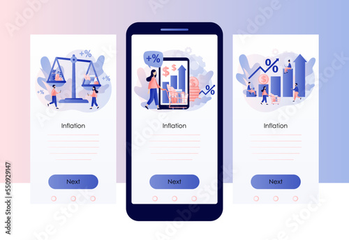 Inflation in economy. Rising food prices. Unstable prediction with financial problems. Crisis concept. Screen template for mobile, smartphone app. Modern flat cartoon style. Vector illustration