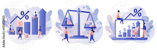 Inflation in economy. Rising food prices. Unstable prediction financial problems. Scales with food and gold coins. Crisis concept. Modern flat cartoon style. Vector illustration on white background