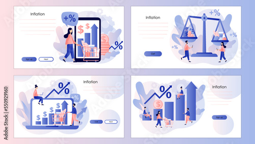Inflation in economy. Rising food prices. Unstable prediction with financial problems. Crisis concept. Screen template for landing page, template, ui, web, mobile app, poster, banner, flyer. Vector 