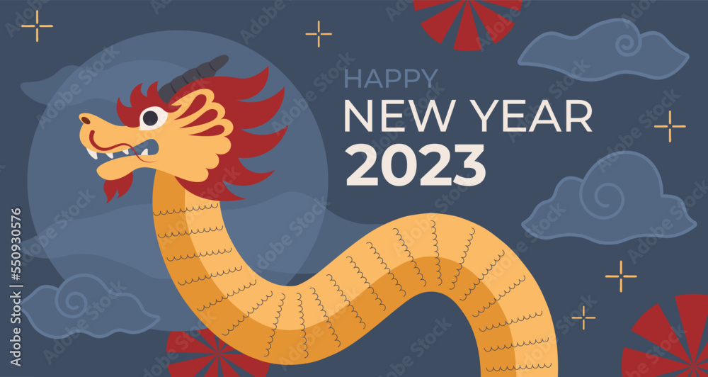 Fototapeta premium Concept Of Postcard With Dragon. Cogratulation With Chinese New Year Vector Illustration Flat Style