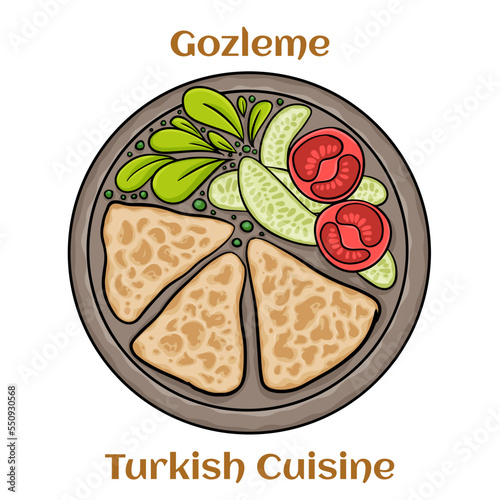 Gozleme is Turkish pastry. Freshly baked appetizing Turkish tortillas Gozleme with with feta cheese. Turkish cuisine.