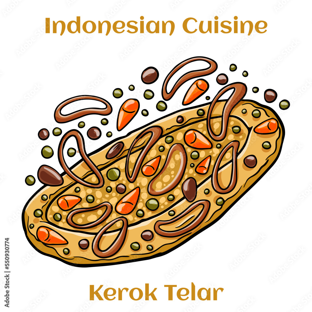 Kerak Telor. Traditional food from Betawi, Jakarta. Crusty sticky rice omelette with roasted grated coconut and ground dried shrimp mixture and fried shallot served on earthenware plate.