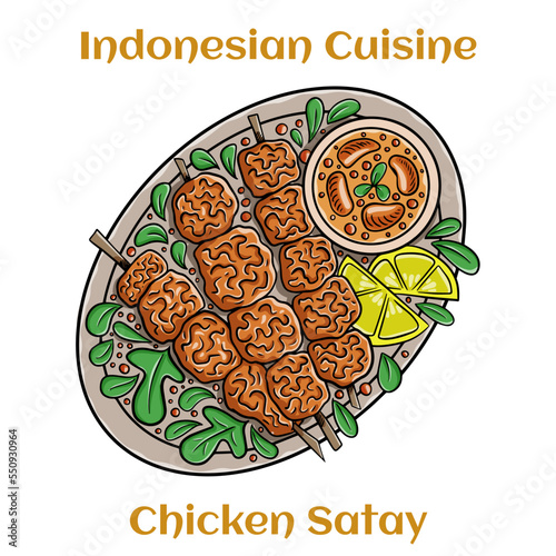 Grilled chicken satay skewers with with lime and chili. Indonesian traditional food