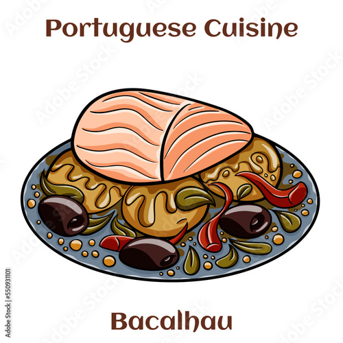 A typical Portuguese dish with codfish called Bacalhau do Porto.  With rice, onions, eggs and olive oil.