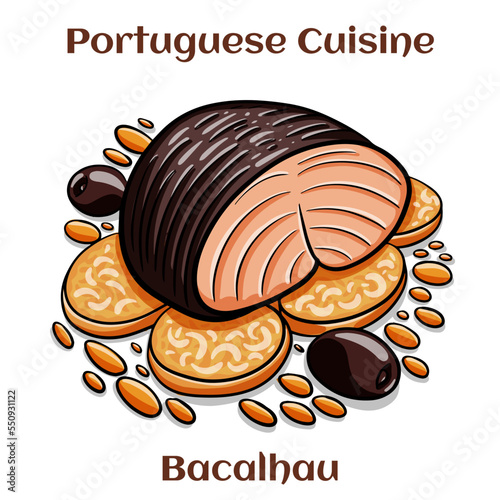 A typical Portuguese dish with codfish called Bacalhau do Porto.  With rice, onions, eggs and olive oil.