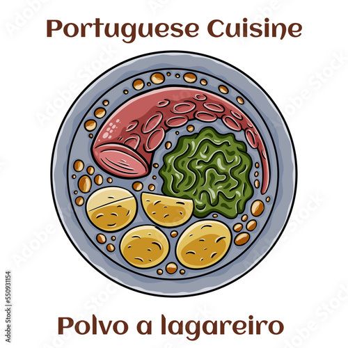 Polvo a lagareiro. Traditional portuguese dish ogrilled octopus with potatoes photo