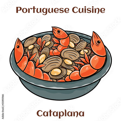 Cataplana Portugese Seafood Dish. With lobster, shrimp, mussels and more.