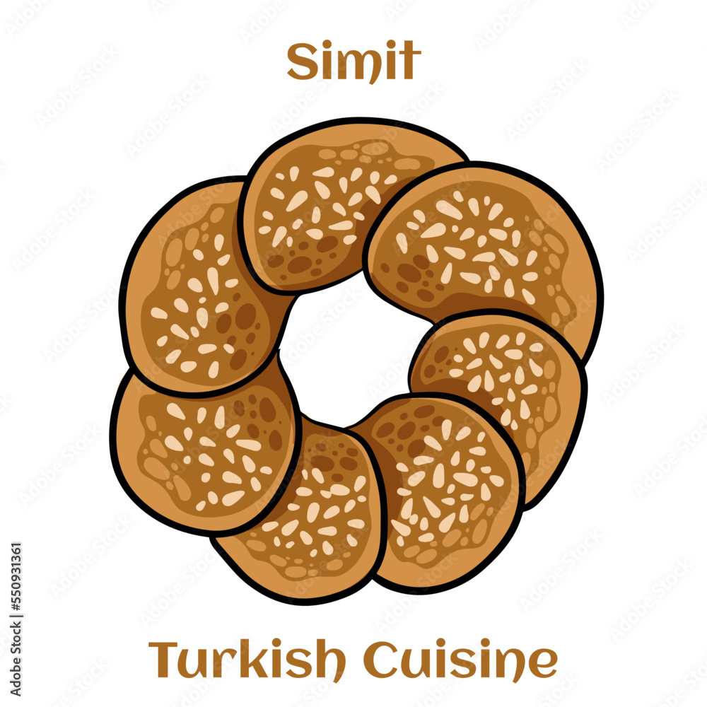 Turkish bagel Simit with sesame. Simitl is traditional Turkish bakery food. Cartoon illustration.