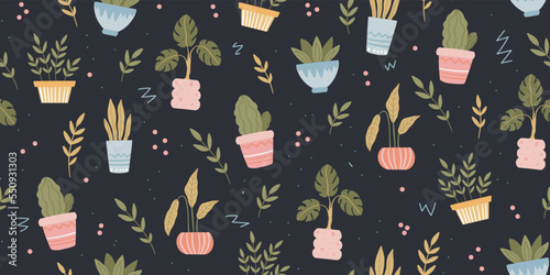 Seamless pattern of home Plants in Flowerpot. Doodle Background of the houseplant in a pot. Vector plantcore illustration