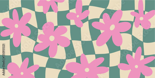 Groovy checkered Daisy Flowers background. Retro 70s - 60s Hippie Aesthetic wallpaper with Trippy distortion Grid. Vector modern Seventies Style illustration
