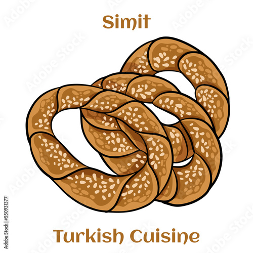 Turkish bagel Simit with sesame. Simitl is traditional Turkish bakery food. Cartoon illustration.