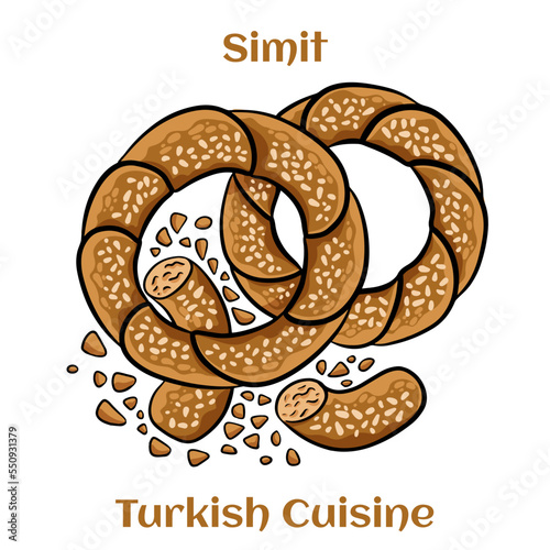 Turkish bagel Simit with sesame. Simitl is traditional Turkish bakery food. Cartoon illustration.