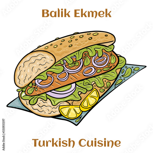 Hot Balik Ekmek fish sandwich with grilled mackerel. Traditional street food turkish cuisine. Cartoon illustration.
