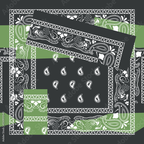 Green and grey bandana kerchief paisley fabric patchwork abstract vector seamless pattern	