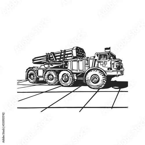 Multiple launch rocket system. Military vehicle. Hand drawing.
