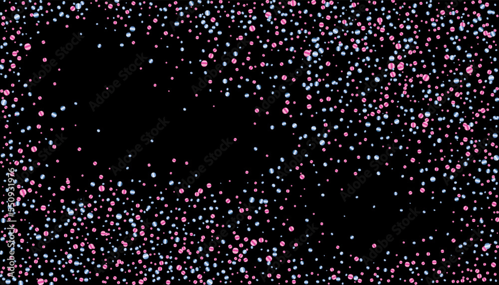 Confetti with blue and pink glitter on a black background. Shiny