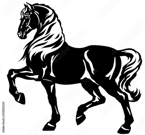 walking horse. Black heavy draft stallion in the profile. Silhouette. Side view vector illustration