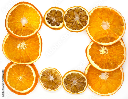 Slices of dried orange and lemon  background.