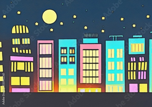 Night city illustration. Digital painting art of cartoon town  houses  skyscrapers at night. Trendy print or design background
