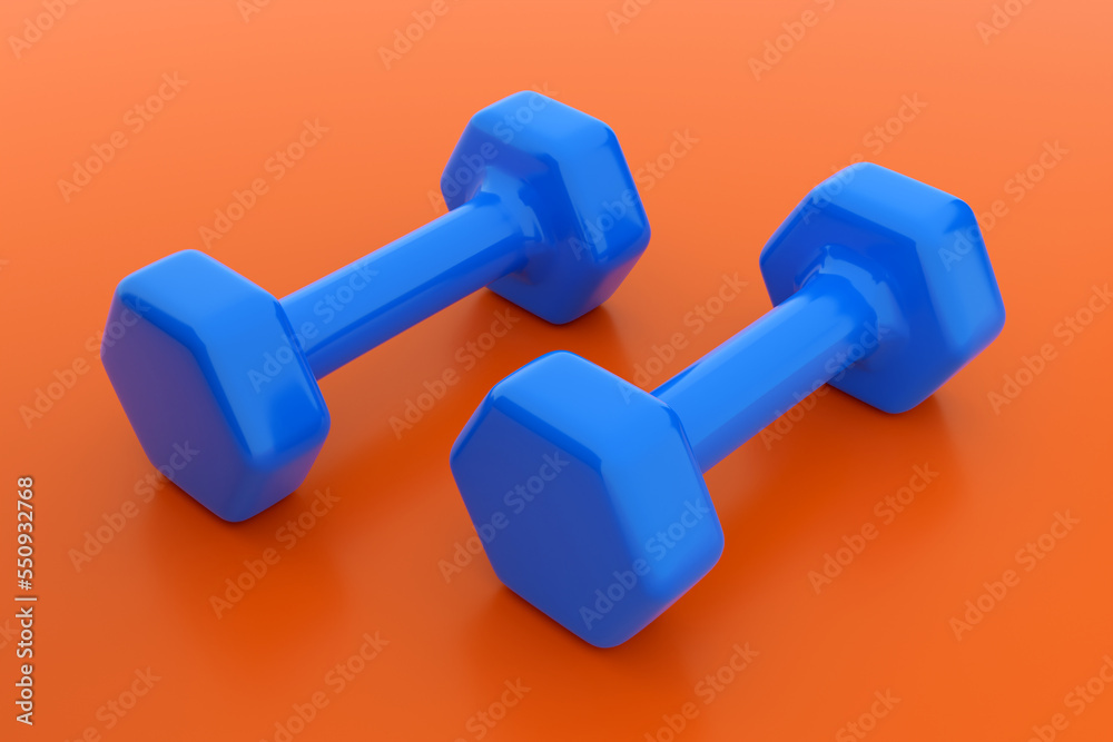 Metal and Rubber Blue Dumbbell Pair Gym Equipment on Orange Background - 3D Illustration Metal and Rubber Blue Dumbbell Pair Gym Equipment on Orange Background - 3D Illustration