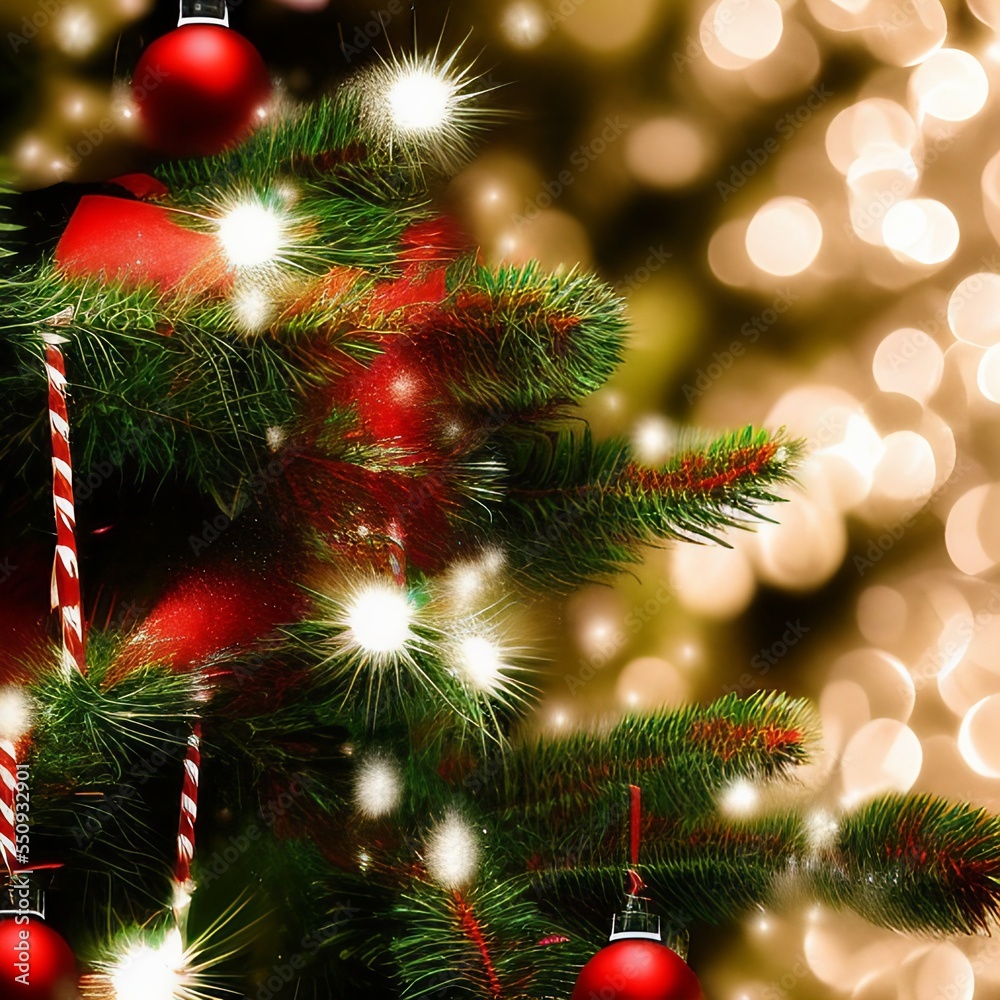 Closeup of Christmas tree with light, snow flake. Christmas and New Year holiday background.png