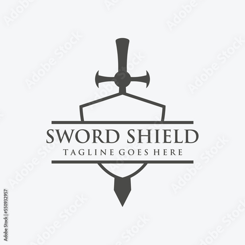 Sword, shield ,excalibur vintage silhouette logo template design.