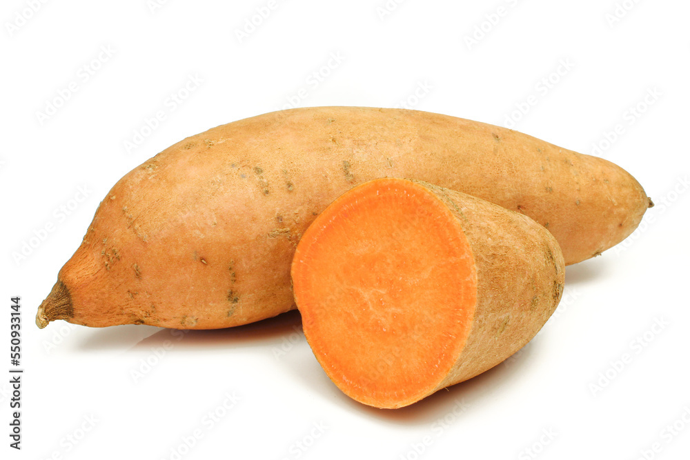 Whole and half sliced sweet potato batatas isolated on white background Whole and half sliced sweet potato batatas isolated on white background