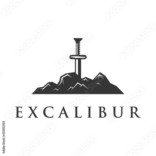 Sword, shield ,excalibur vintage silhouette logo template design.