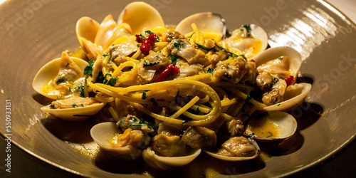 Slika na platnu Clam Pasta,Italian sea food dinner first course pasta with clams alle vongole re