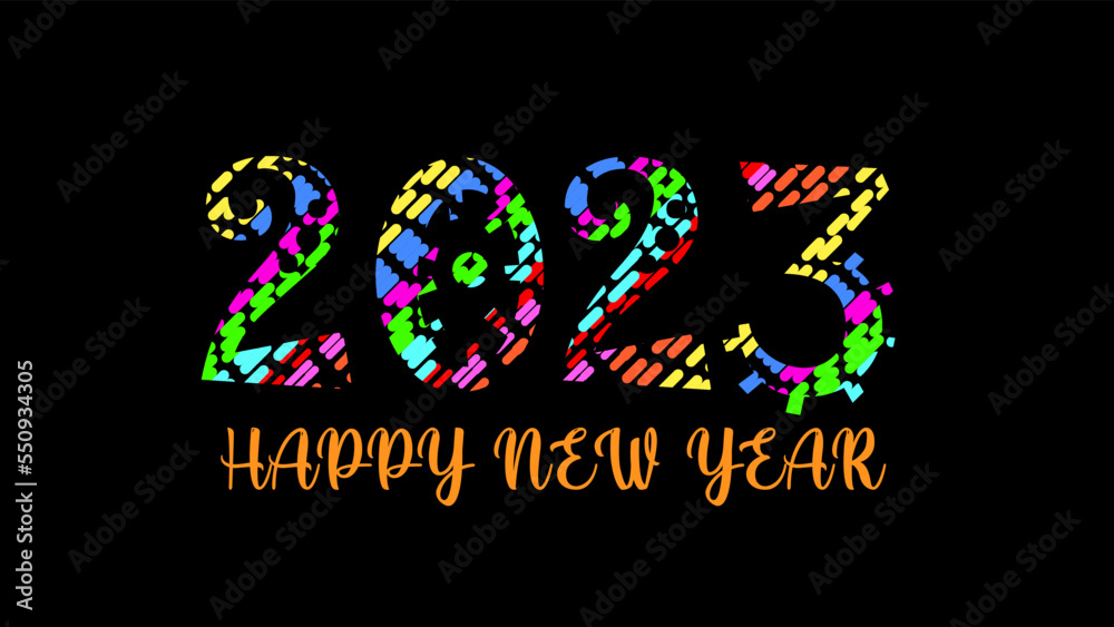 Happy new year 2023 celebration text with a unique design, a colorful new year banner with a black background, and 2023 text filled with rainbow colors. Happy new year 2023 celebration text with a unique design, a colorful new year banner with a black background, and 2023 text filled with rainbow colors.