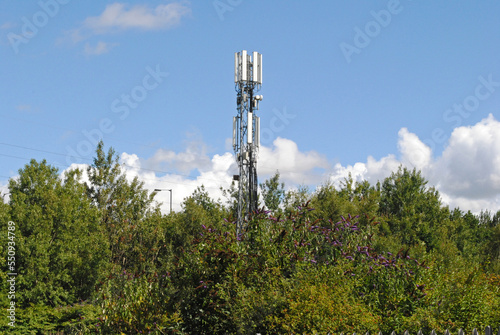 Steel Telecom Mast seen against Blue Sky above Trees 