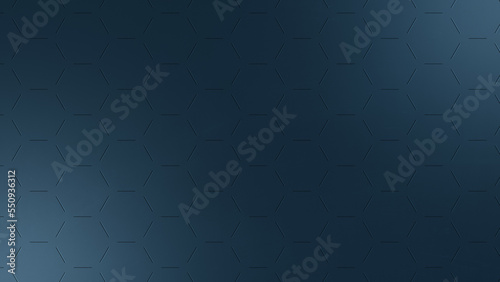 Dark blue striped hexagon or honeycomb pattern with light effect and metallic texture. Abstract and modern background in 4k resolution. Copy space.
