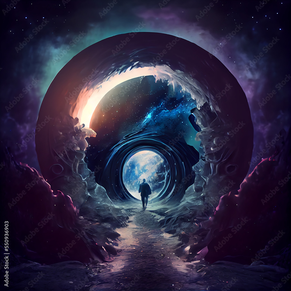Fototapeta premium A guy walking through a moon portal fantasy illustration