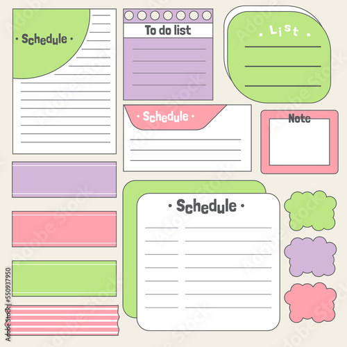 Cute blank paper notes. Stationery organizer set. Scrapbook notes and memo schedule.Printable planner stickers. To Do List sticky note pad. Digital planning element. Vector illustration.
