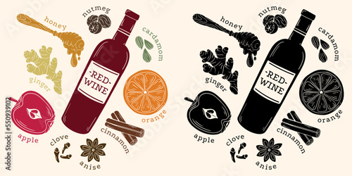 Vector illustration with ingredients for making mulled wine in color and black and white. Christmas hot drink recipe